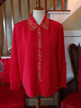 APPARENZA Retro Long Sleeve Red w/Gold Trim Button-Down Blouse Sz Large